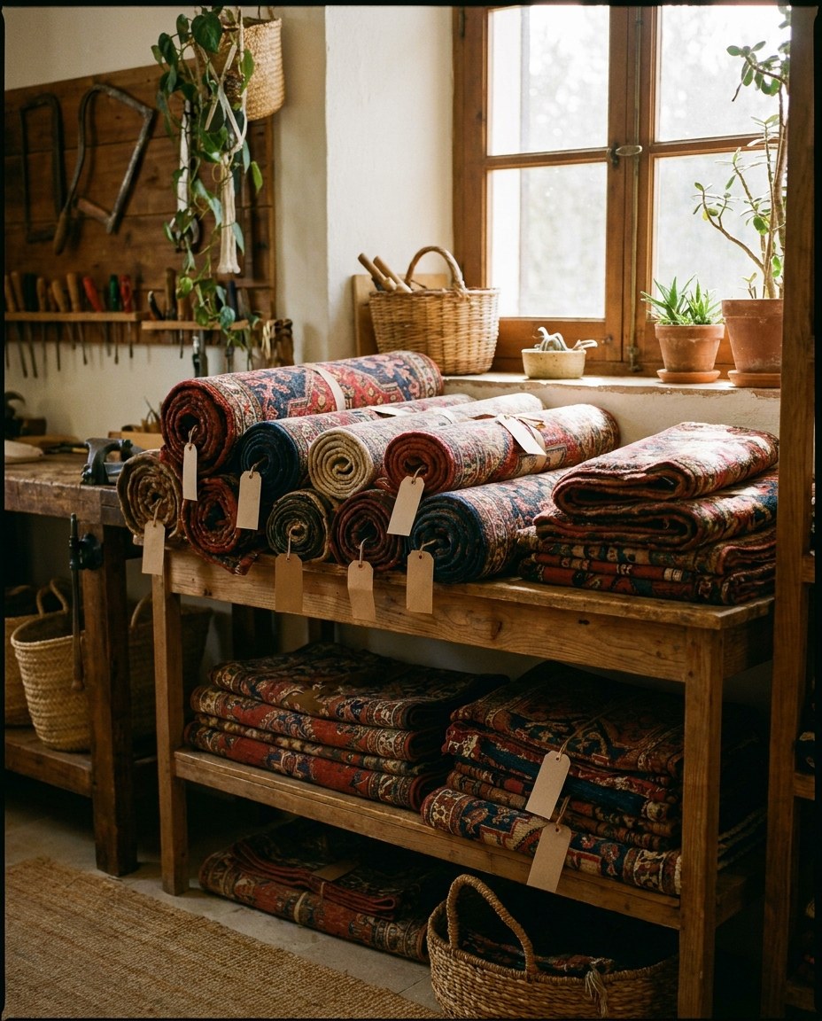 Tapis roulés à l'atelier