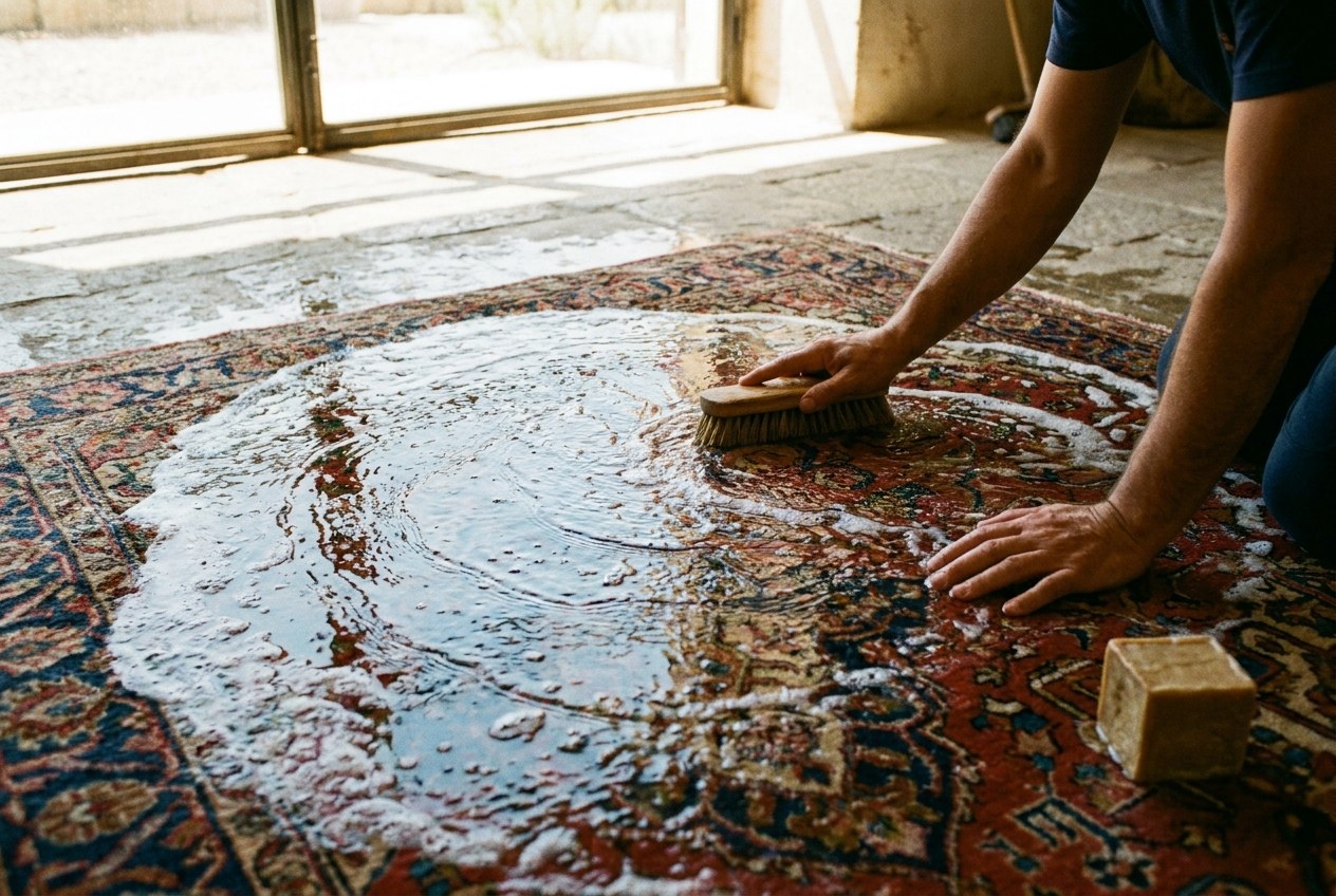 Lavage traditionnel d'un tapis d'orient à l'eau claire