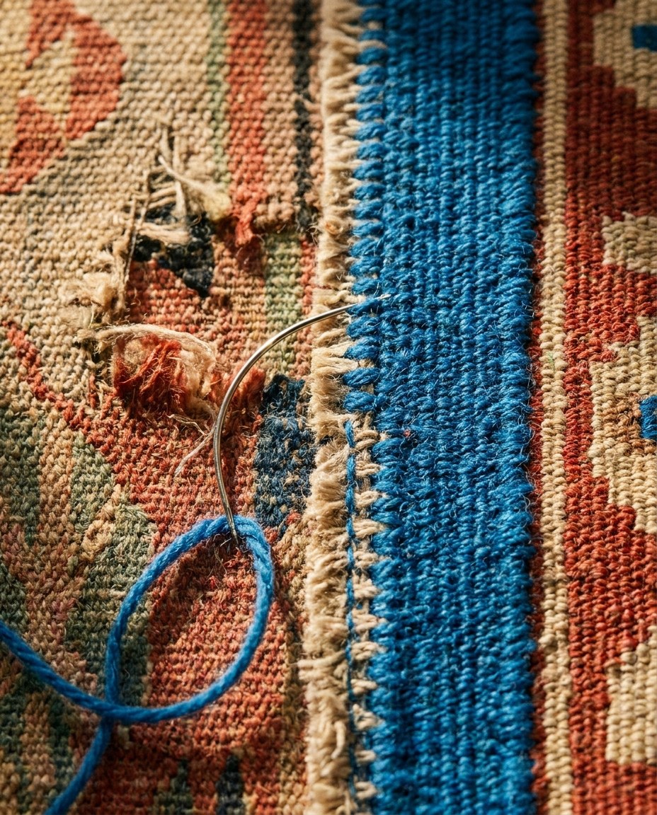 Réparation des lisières d'un tapis