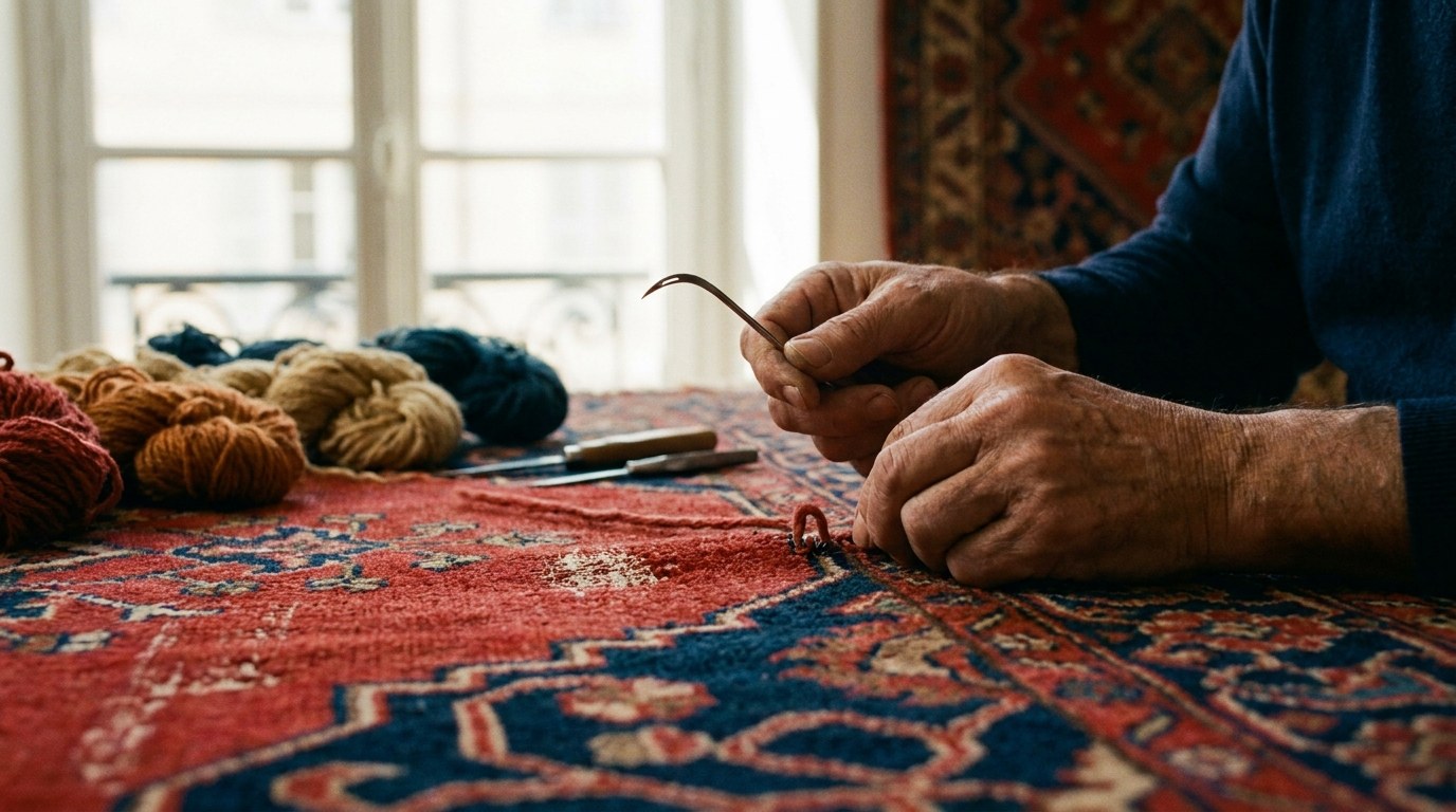 Retissage à la main d'un tapis persan
